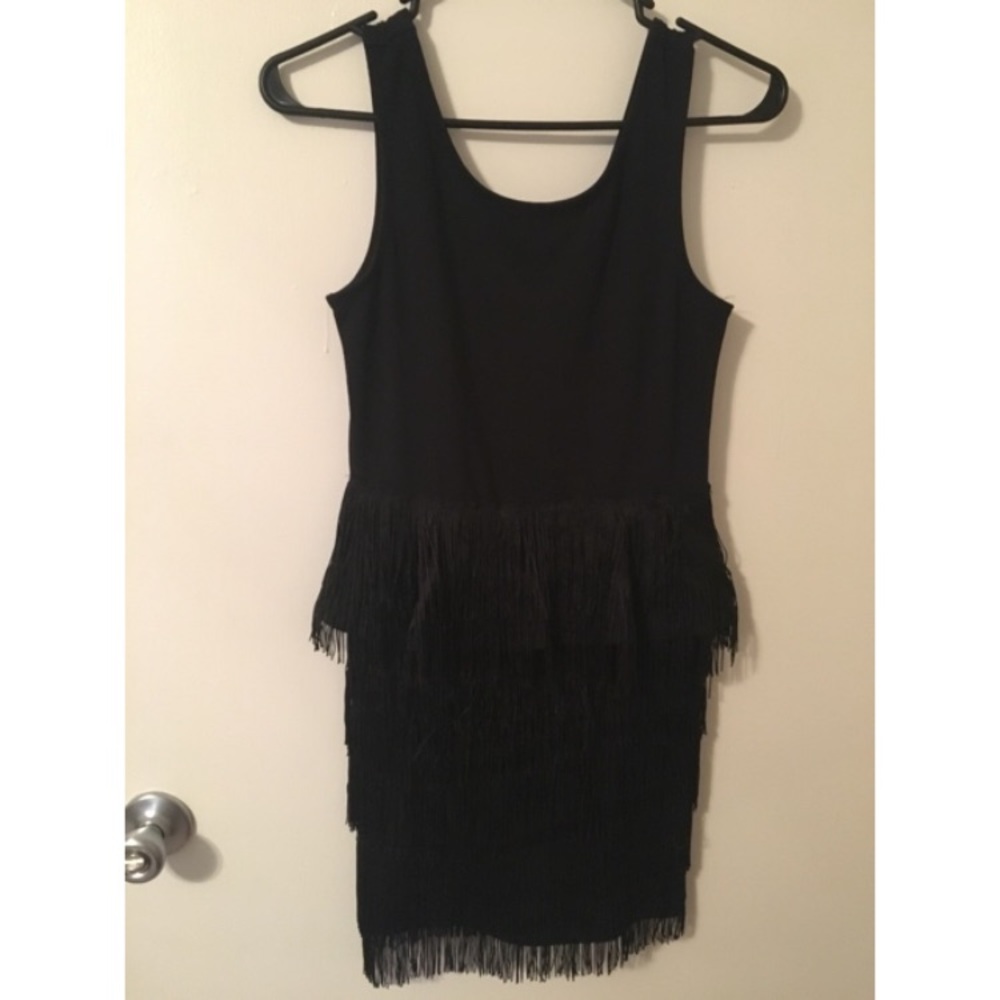 Black peplum flapper fringe dress